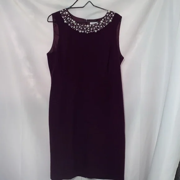 Calvin Klein Deep Purple Dress Embellished FAUX PEARL Neckline WOMENS SIZE 14 - Picture 12 of 13